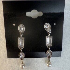 Crystal & Pearl Drop Dangle Earrings Silver Tone CZ NWT